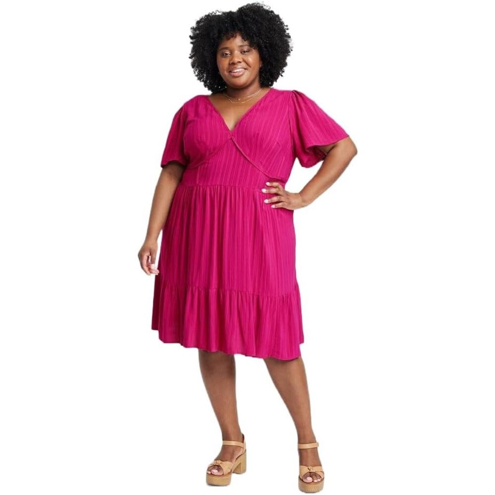 Knox Rose A-Line Dress Plus XXL V-Neck Ruffle‎ Tiered Flutter Sleeve Magenta